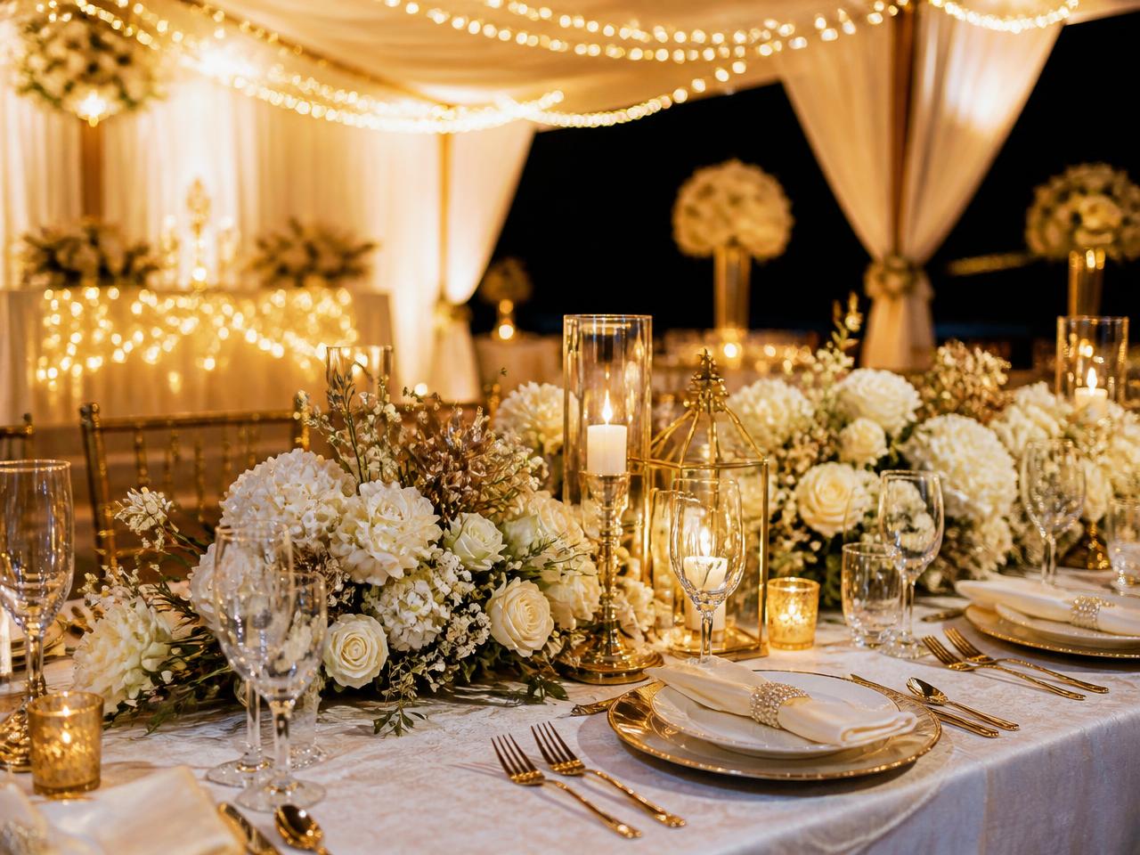 Mesa de evento ornamentada com flores brancas, velas e iluminação dourada